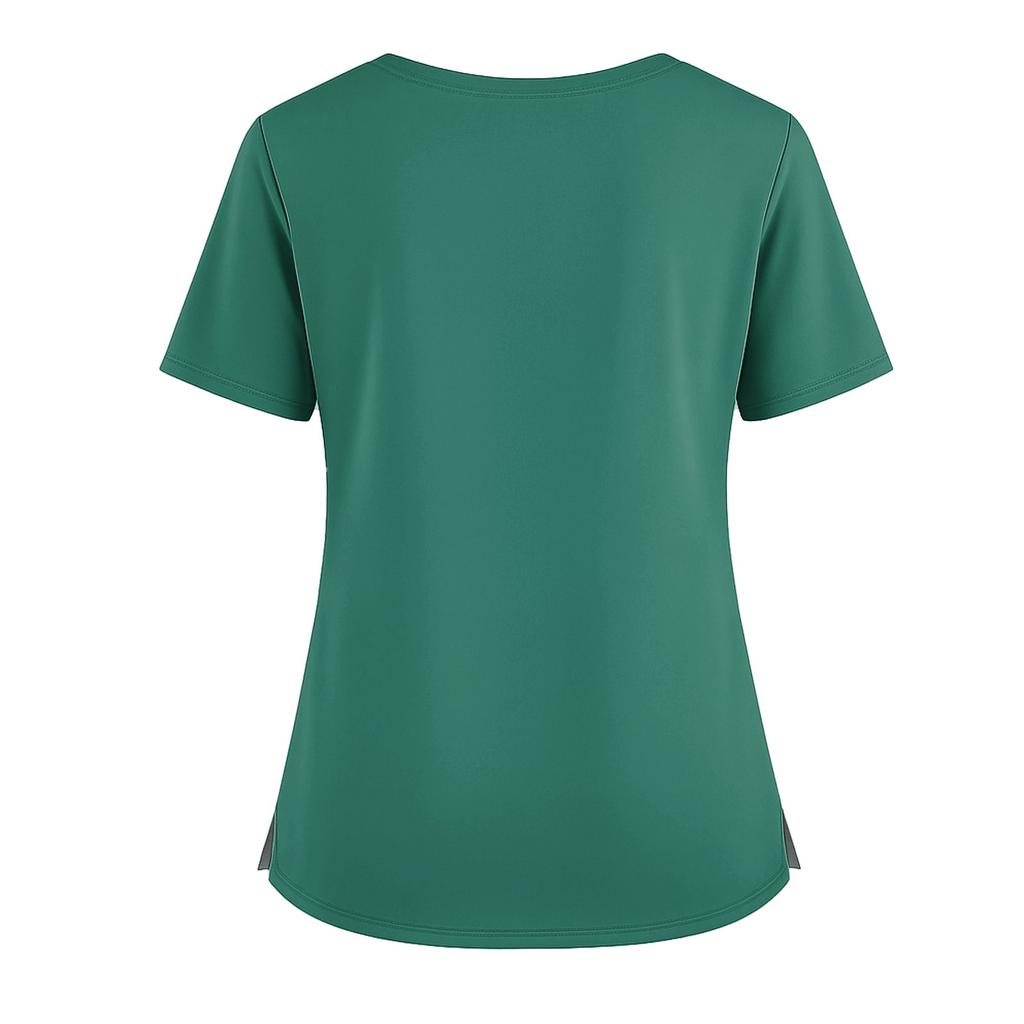 Women's Uniform Color V-Neck Pocket Side Slit Uniform Short Sleeved Top Top