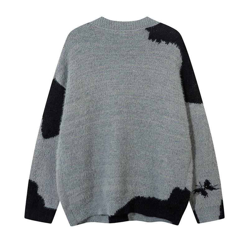 Unisex Oversized V-Neck Knit Cardigan With Contrast Jacquard Streetwear Casual Winter Sweater