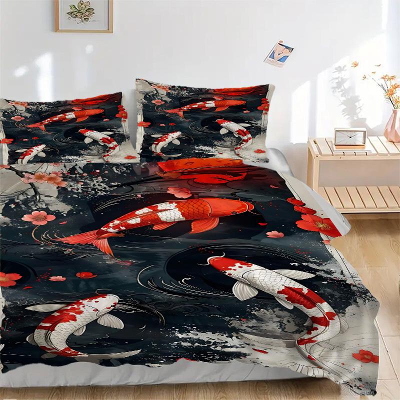 3pcs Koi Fish Sakura Blossom Duvet Cover Set, Cover For Bedroom Guest Room (1 Duvet Cover + 2 Pillowcase, Without Quilt),  Yy250922168
