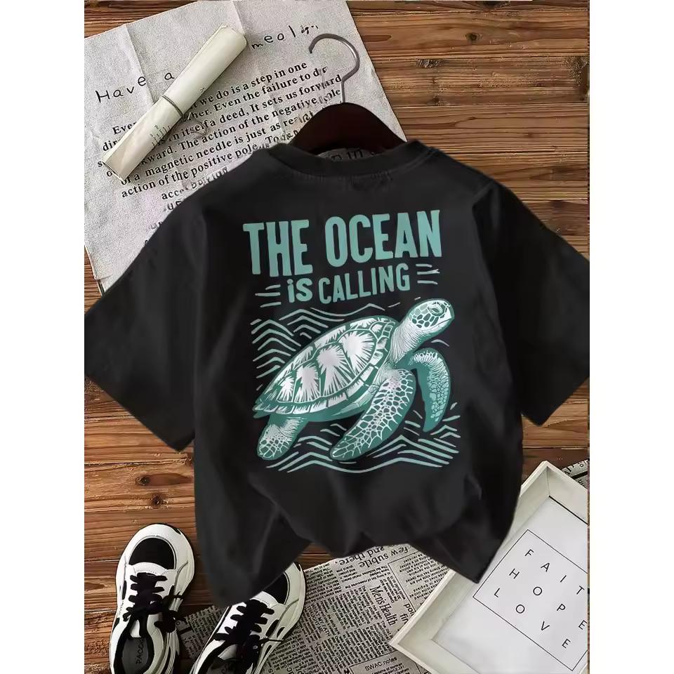 The Ocean Is Calling Sea Turtle Graphic Unisex T-Shirt Crew Neck Loose Summer Casual Short Sleeve Daily Tops,Holiday Travel