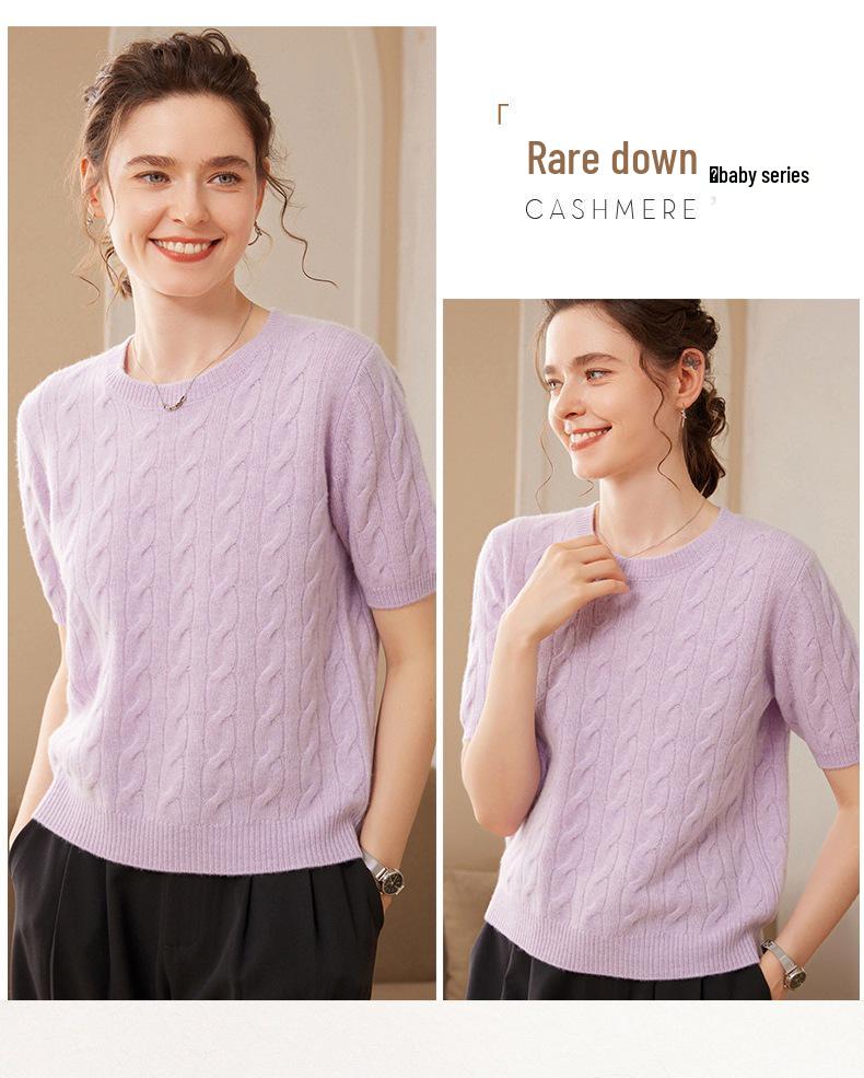 Women's Yellow Cable Knit Cashmere Short-Sleeve Sweater - Autumn/Winter Round Neck Pullover
