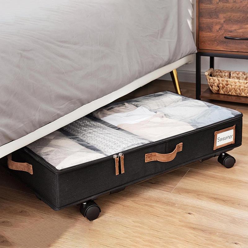 Under Bed Storage Box with Wheel Dust Proof Clothes Storage Bag with Partitions and Transparent Lid Bedroom Sundries Storage Box