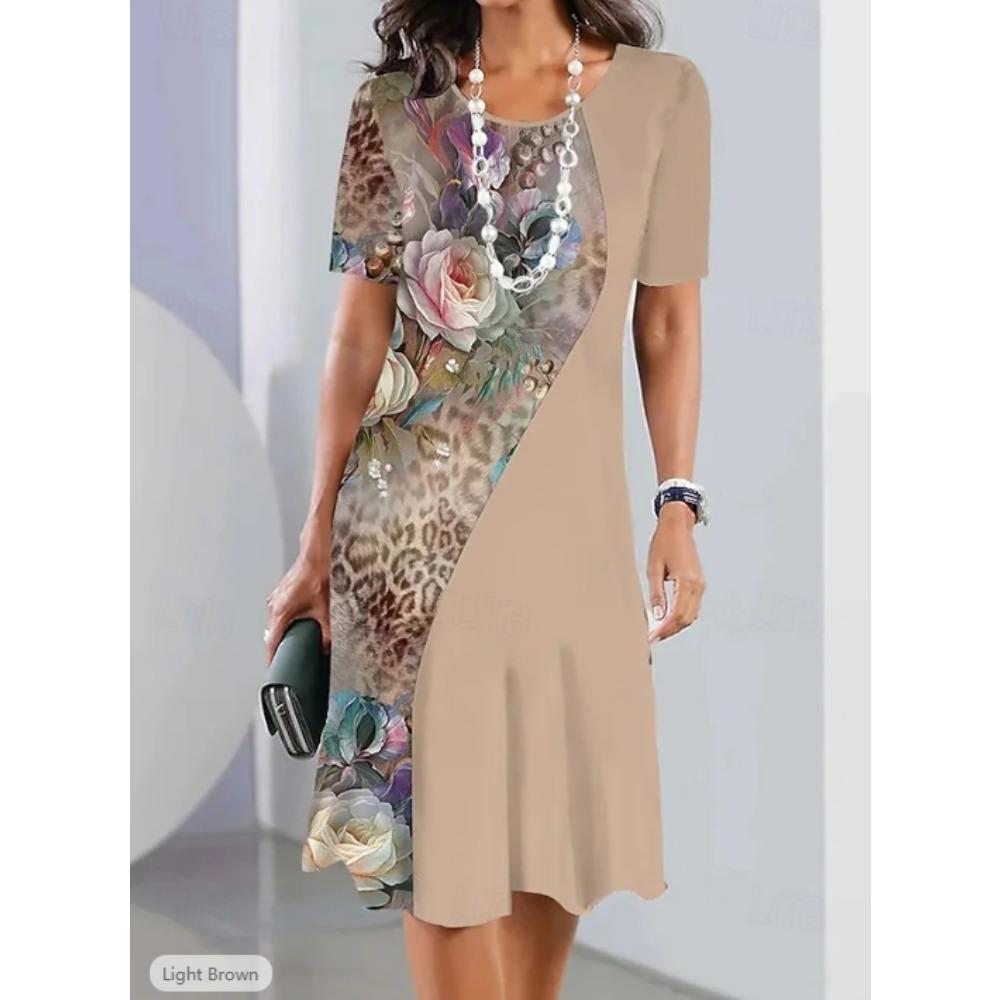 Damen Mode Blumenmuster Druck Sommer Frühling Kurzarm Rundhals Freizeitkleider