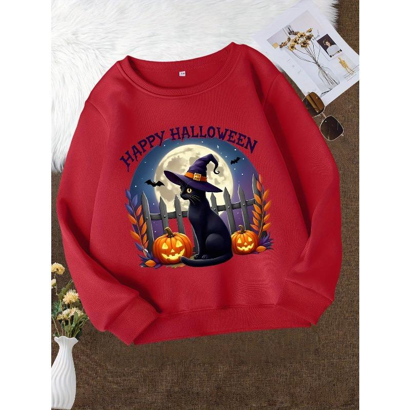 Girls' White Casual Round Neck Sweatshirt - Happy Halloween Print with Black, Witch Hat & Bats | Cozy Fall Winter Sweater for