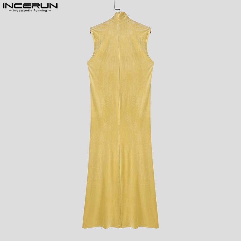 INCERUN Men Turtleneck Sleeveless Ribbed Splits Tops High Low  Long Tunic T-shirts