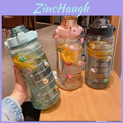 Large Capacity 2l Sports Straw Water Bottle With Time Marker And Fun Stickers