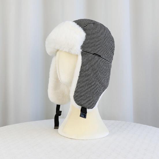 Lei Feng Hat Plaid Print Velvet Lining Buckle Closure Ear Protection Hat Windproof Cold Weather Outdoor Hat