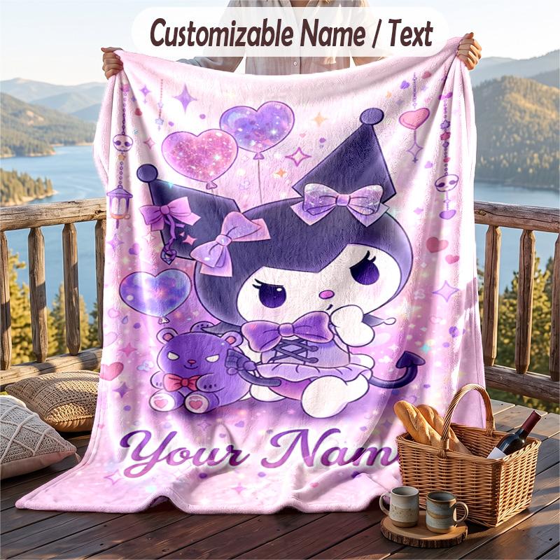 Custom Text Flannel Throw Blanket, Lightweight Cozy Bed Sofa BlanketKuromi