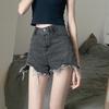 Denim-Shorts Damen Sommer Design Dünn Hohe Taille Zerrissen Roher Saum Heiß Hosen Trendig