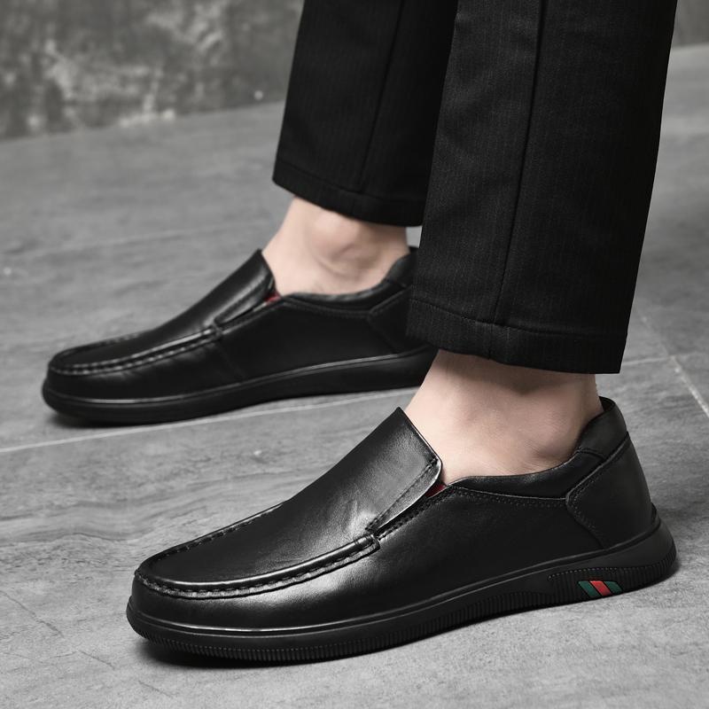 Men's Casual Leather Walking Shoes Business Non-slip Soft Bottom Work Loafers Round Head Flat Bottom Footwear Outdoor Sneakers