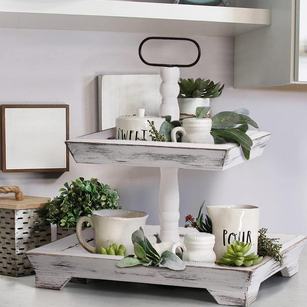 Vassoio a 2 Piani Espositore a Piani in Legno con Manico in Metallo Portatutto Rettangolare per Esposizione Casa Cucina Frutta Dessert Cibo