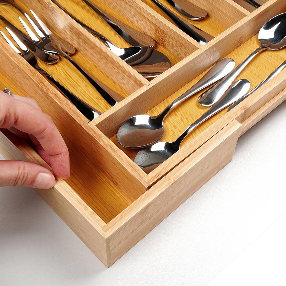 Bamboo Insert for Cutlery, Drawer Utensils, Extendable, Adjustable XXL