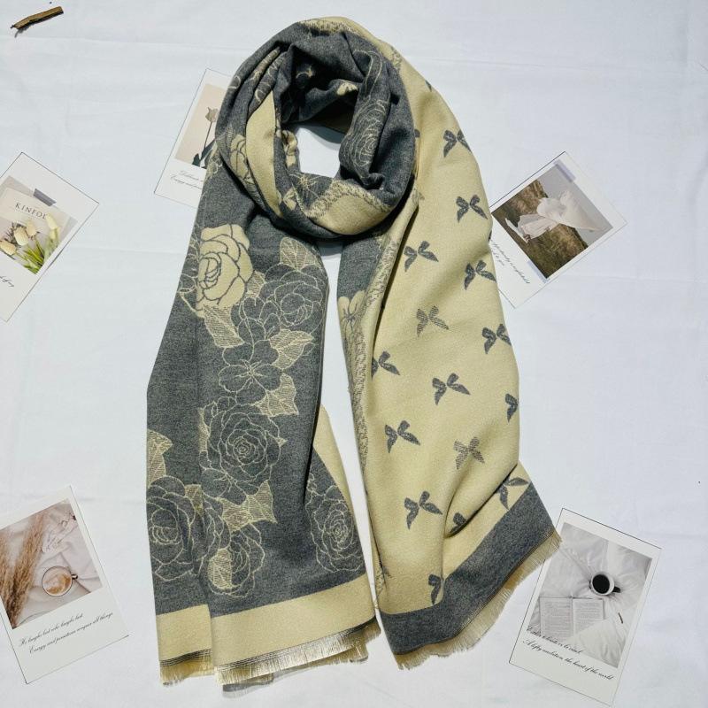 Butterfly Scarf for Women New Imitation Cashmere Scarf for Women Winter Warm Thickened Camellia Shawl Versatile