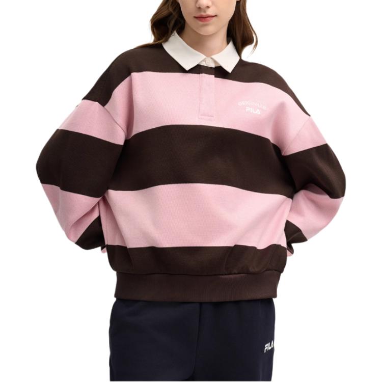 Fila Striped Knitted College Style Long Sleeve Polo Shirt Women Tops Coffee-Brown F11W519219FBN