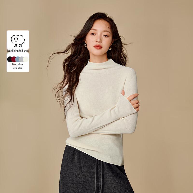 INMAN Women's Semi-High Collar Lamb Wool Blend Knit Sweater