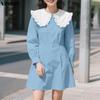 Women Patchwork Casual Doll Collar Long Sleeve Slim Waist Mini Dress