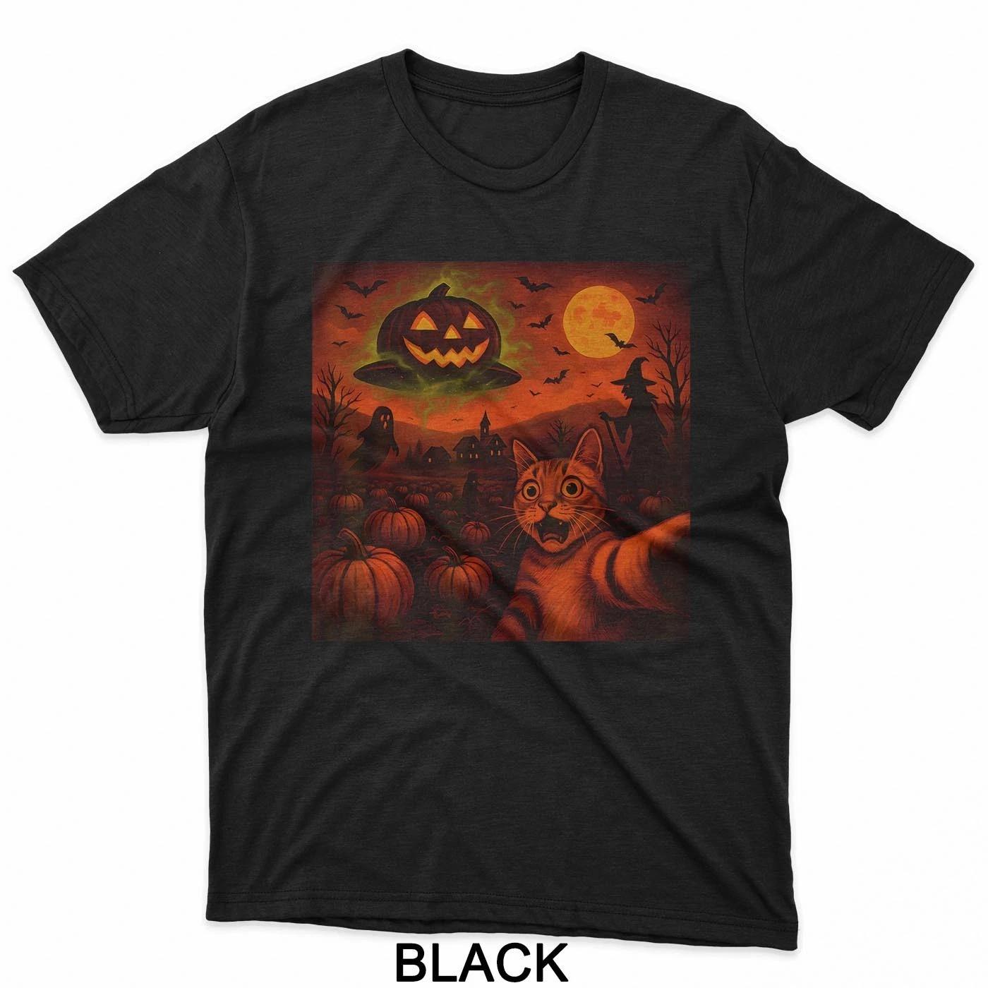 HOT SALE Funny Halloween Cat Selfie Pumpkin Ghost T-Shirt Gift New T-Shirt Soft Round-neck Tee Streetwear Style 4XL