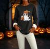 Women's -Lined Long Sleeve Crewneck T-Shirt with Halloween Print for Winter Casual Wear