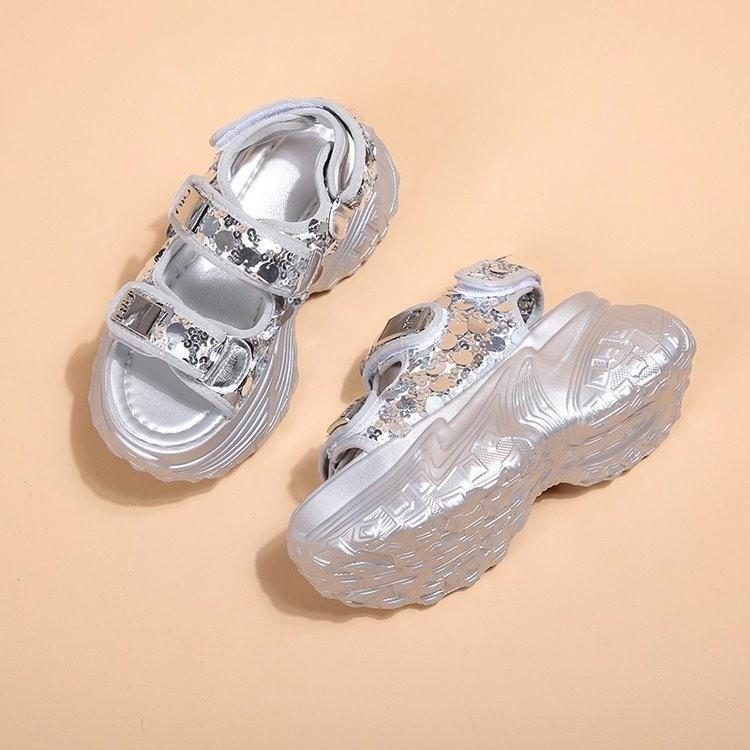 

Sequined sandals women s outer wear 5 years summer round head platform sequined Velcro casual beach sports sandals 40 серебряный