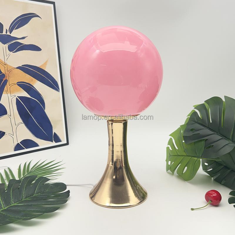 Round Ball Night Light with Golden Trumpet Base Table Lamp for Cream Style Apartment Bedroom Bedside and Tabletop