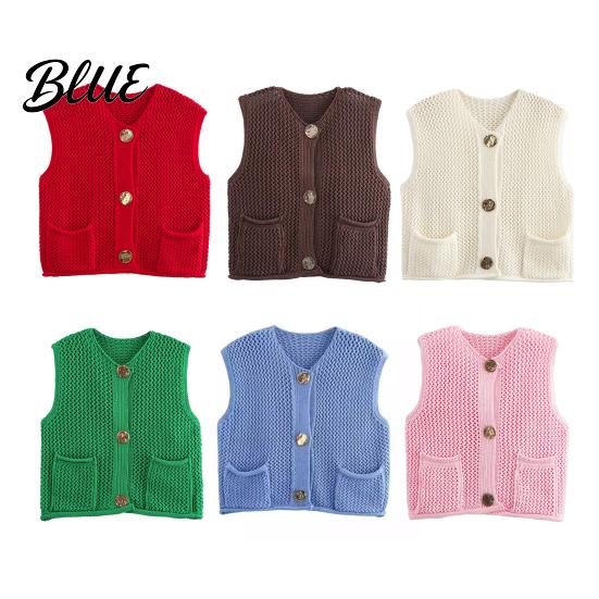 Vielseitige Damen Strickweste V-Ausschnitt Ärmellos Einreihig Mit Taschen Oberteil Zum Layering Weste Einfarbig Strickware