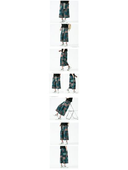2022 Men's Summer Chinese Print Cotton Linen Capri Pants, Plus Size, Casual Wide Leg Style