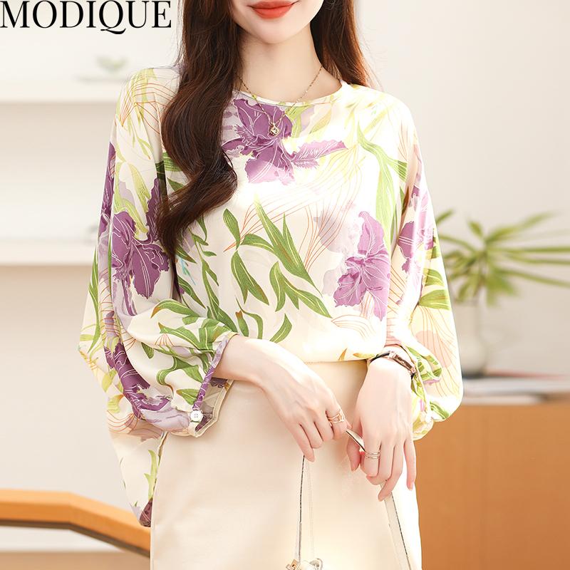 

MODIQUE Весна Лето Большие размеры Женская повседневная свободная элегантная хлопковая блузка с цветочным принтом и пышными рукавами Рубашки Женский оверсайз пуловер с круглым вырезом и длинными рукавами M хаки