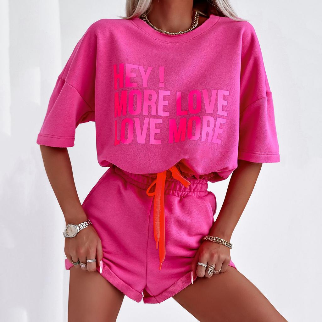 2026 Spring Summer Fashion Sports Two Piece Set Short Sleeve Letter Print Top and Shorts Outfit Women