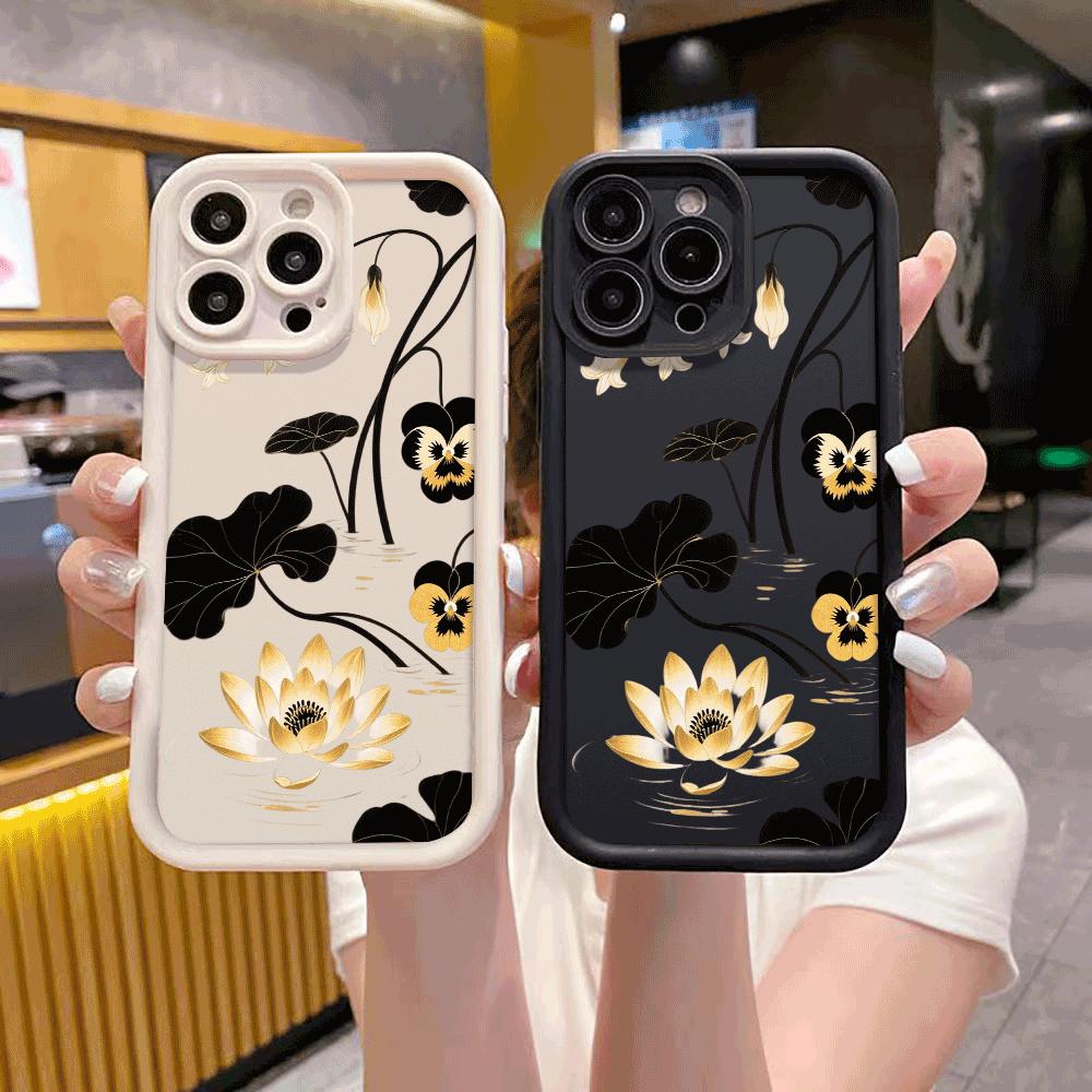 Golden Lotus & Black Lily Pads Phone Case for Xiaomi Redmi Note 14 13 12 11 10 9 8 7 Pro Shockproof Anti-Slip Soft TPU Cover