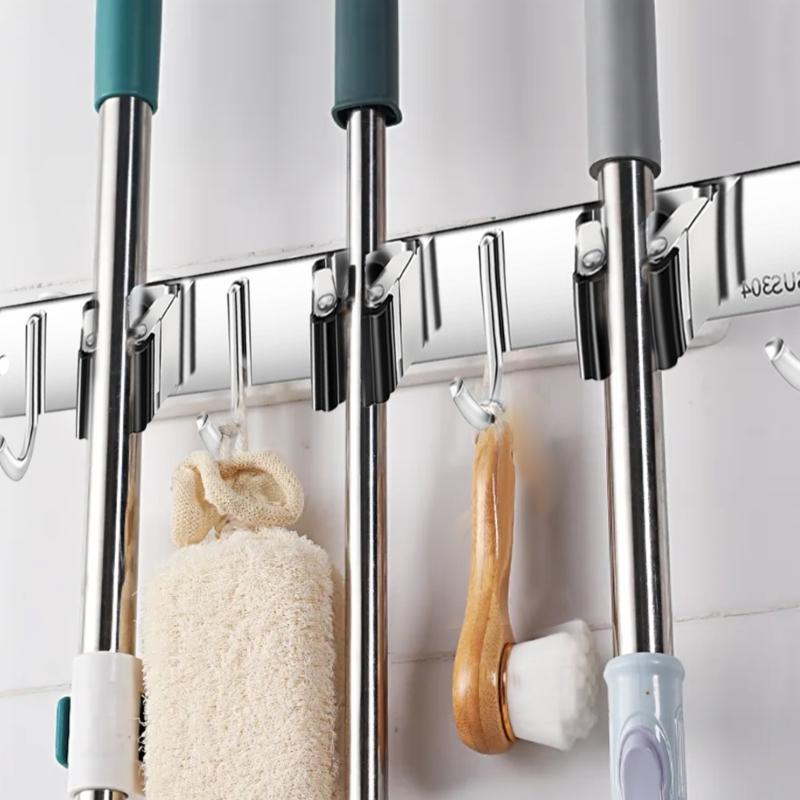 Wall Mounted Rack Space Saving Brooms Organizer Storage Solution for Bathroom