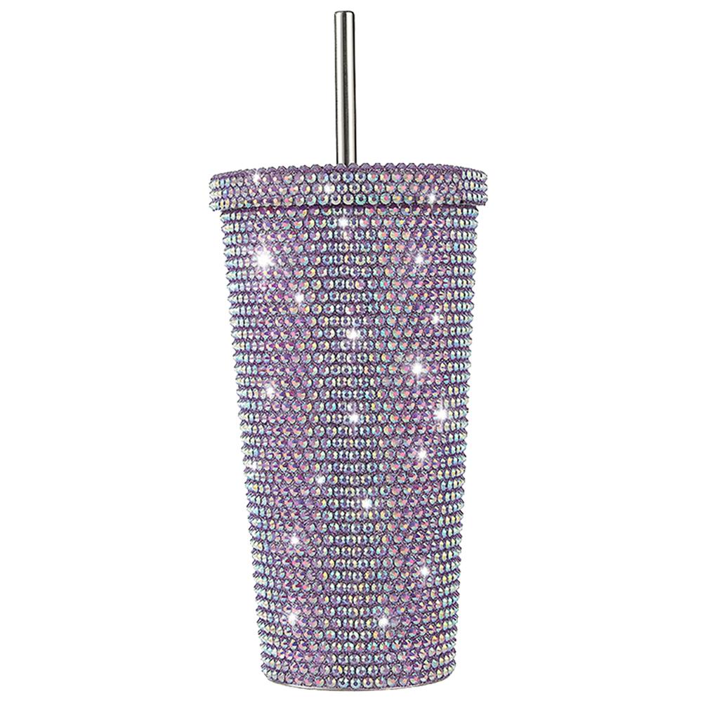 New 500ml Rhinestone Stainless Steel Double Layer Thermos Cups Women Glitter Cup Water Bottle Gift Reusable Straw Cup With Lid