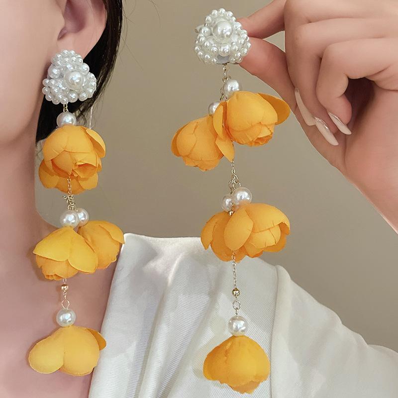 Yellow Fabric Flower Bud Dangle Earrings for Women Super Crystal Drop Earring Imitation Pearl Tassel Hanging Party Jewelry D