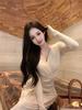 Elegant V-Neck Long-Sleeve Pleated Dress - Slim-Fit, Waist-Cinching Mid-Length Skirt for Women