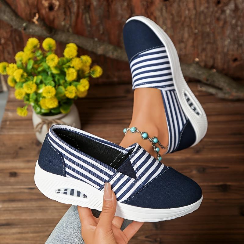 Durable Women's Casual Slip-On Sneakers Striped Low-Top with Beaded Ankle Strap, Fabric Uppe Sole for All-Season Outdoor Wear, Comfortable Footwear