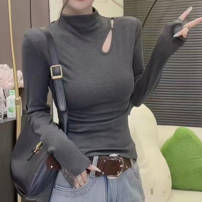 Korean Semi-High Neck Lace Long Sleeve Women's Top - 2025 Autumn/Winter Slimming Brushed Design