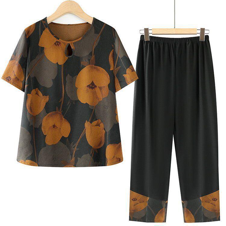

Ice Silk Short-Sleeve Set for Middle-Aged & Elderly Women – Grandma Style Casual Two-Piece Outfit XL (80-100 lbs)