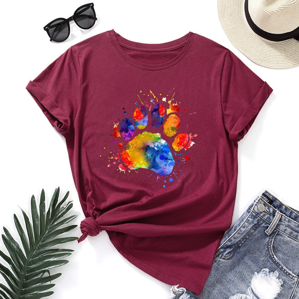 Dog Paw Pattern Cotton T-Shirt Short Sleeve Round Neck Women 2d Print Tops