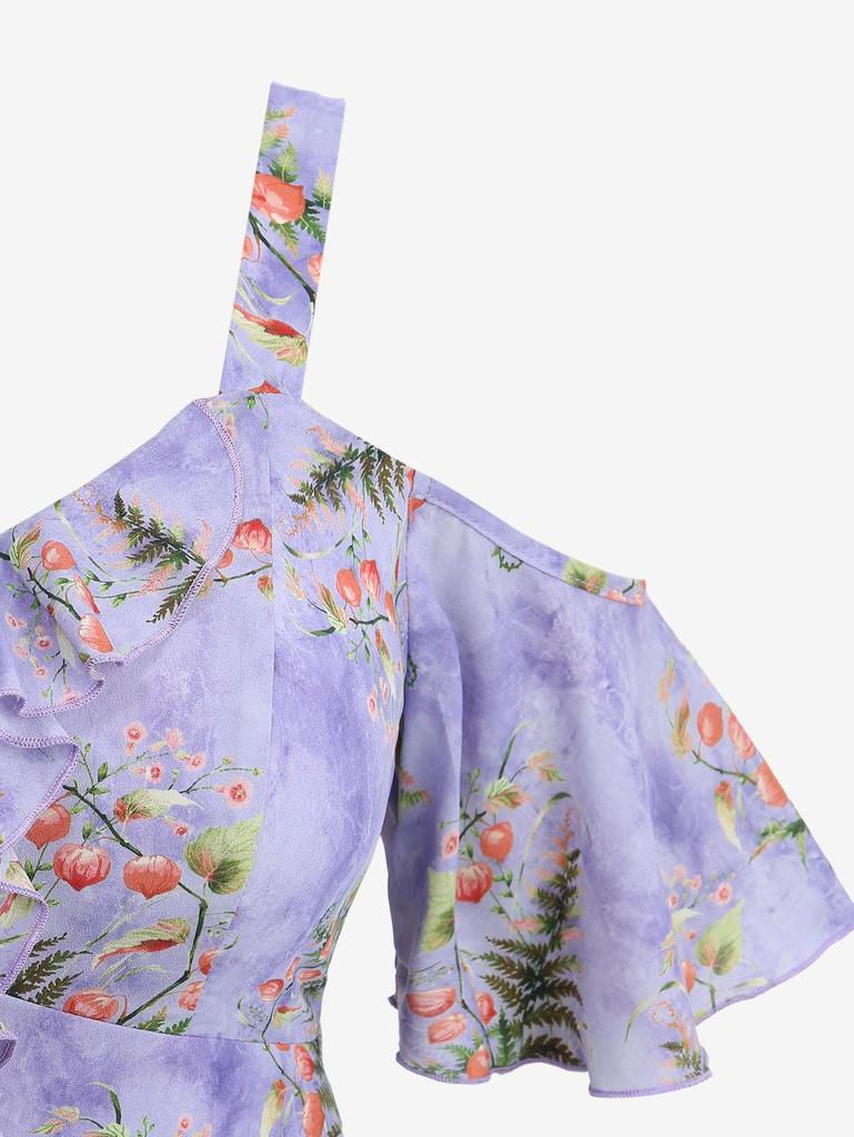 Rosegal Plus Size Rose Flower Leaf Print Ruffles Cold Shoulder Dress