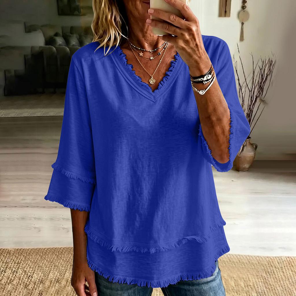 Damen Lässige V-Ausschnitt Baumwolle Leinen 3/4 Ärmel Bluse Farbe Oberteil