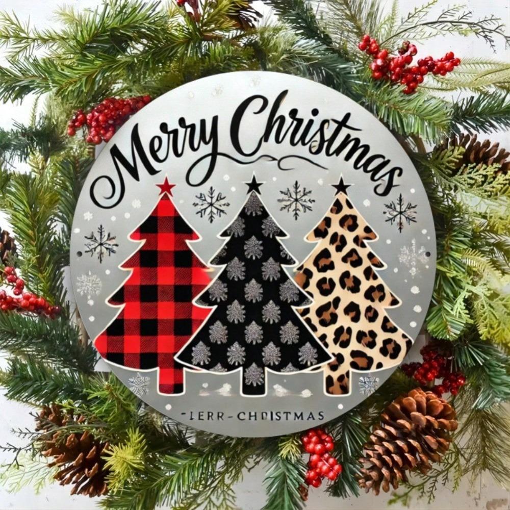 Iron Wall Art Merry Christmas Tree Wreath Leopard Print Durable Metal Decor Indoor Outdoor