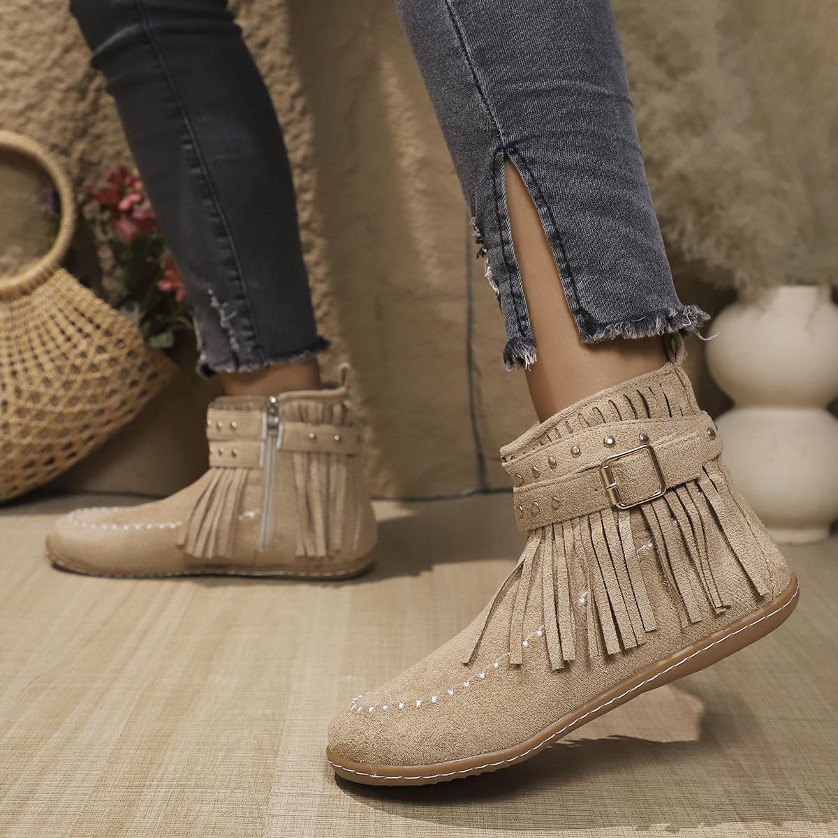 

Модные богемные ботинки с бахромой, металлическими заклепками и пряжкой, женские зимние замшевые ботильоны на плоской подошве, модная обувь с боковой молнией 35 хаки