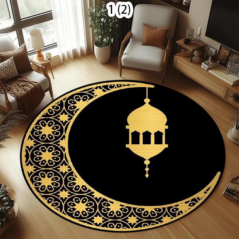 

Round Moon and Stars Area Rug Living Room Floor Mat Non Slip Backing Washable Carpet for Sofa Chair and Dining Room Eid Al-Fitr 80X80CM
