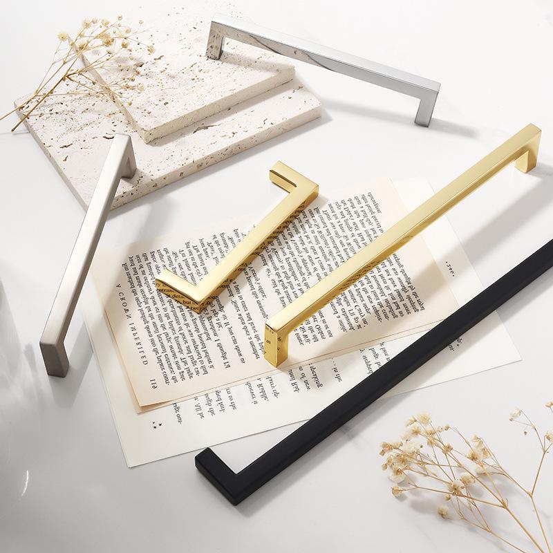 Square Bright Gold & Silver Kitchen Cabinet Handle - Modern Minimalist Black Aluminum Alloy Drawer & Wardrobe Handle