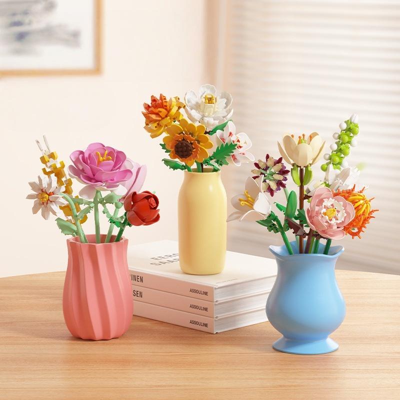 Lowers Bouquet Construction Blocks Set Lily Prickly Daisy Rose Hibiscus Flower Peony Sunflower Tulip Gardenia For Children