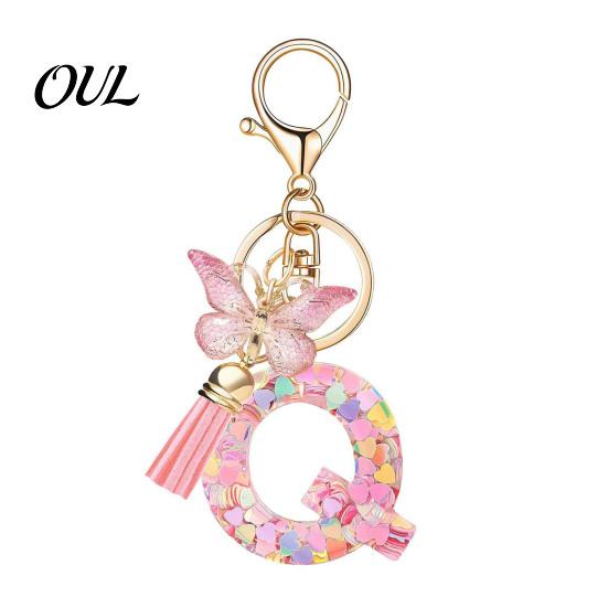 Kompaktes Schlüsselanhänger-Anhänger in Rosa-Serie, Pailletten Herz Initialen-Buchstaben-Anhänger Schlüsselkette mit tragbarem Schmetterlings-Quasten-Design, A-Z Halter für Tasche