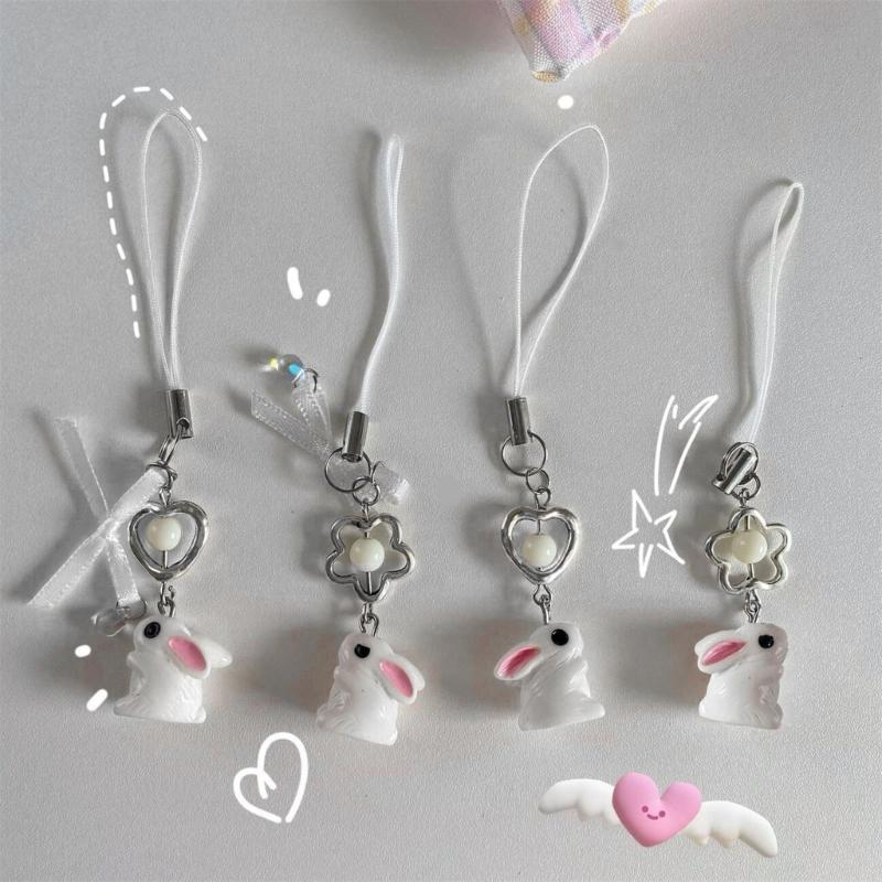 Korean 3D Rabbit Flower Phone Chain Lanyard Y2k Girl Bowknot Keychain Sweet Bag Pendant Decoration Backpack Ornament
