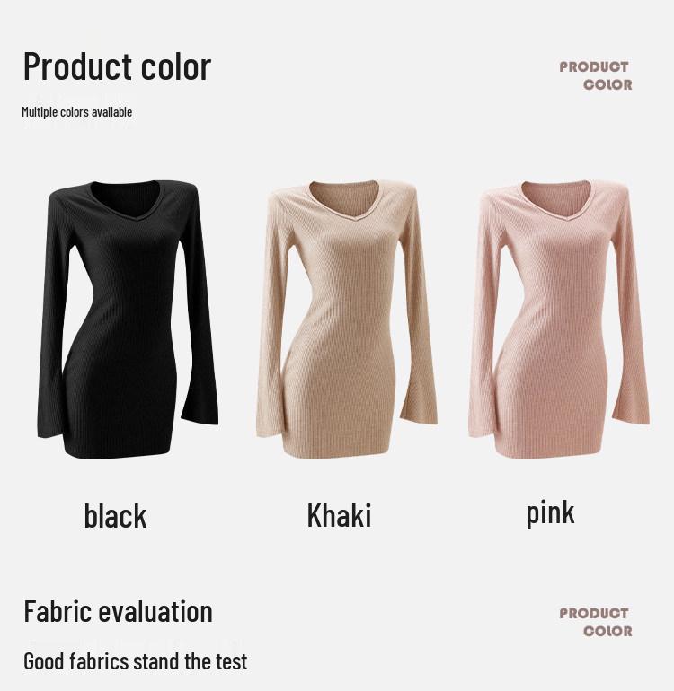 High-End Pink V-Neck Knit Dress: Women's Autumn/Winter Hip-Hugging Skirt, New Year Hot Girl Outfit.