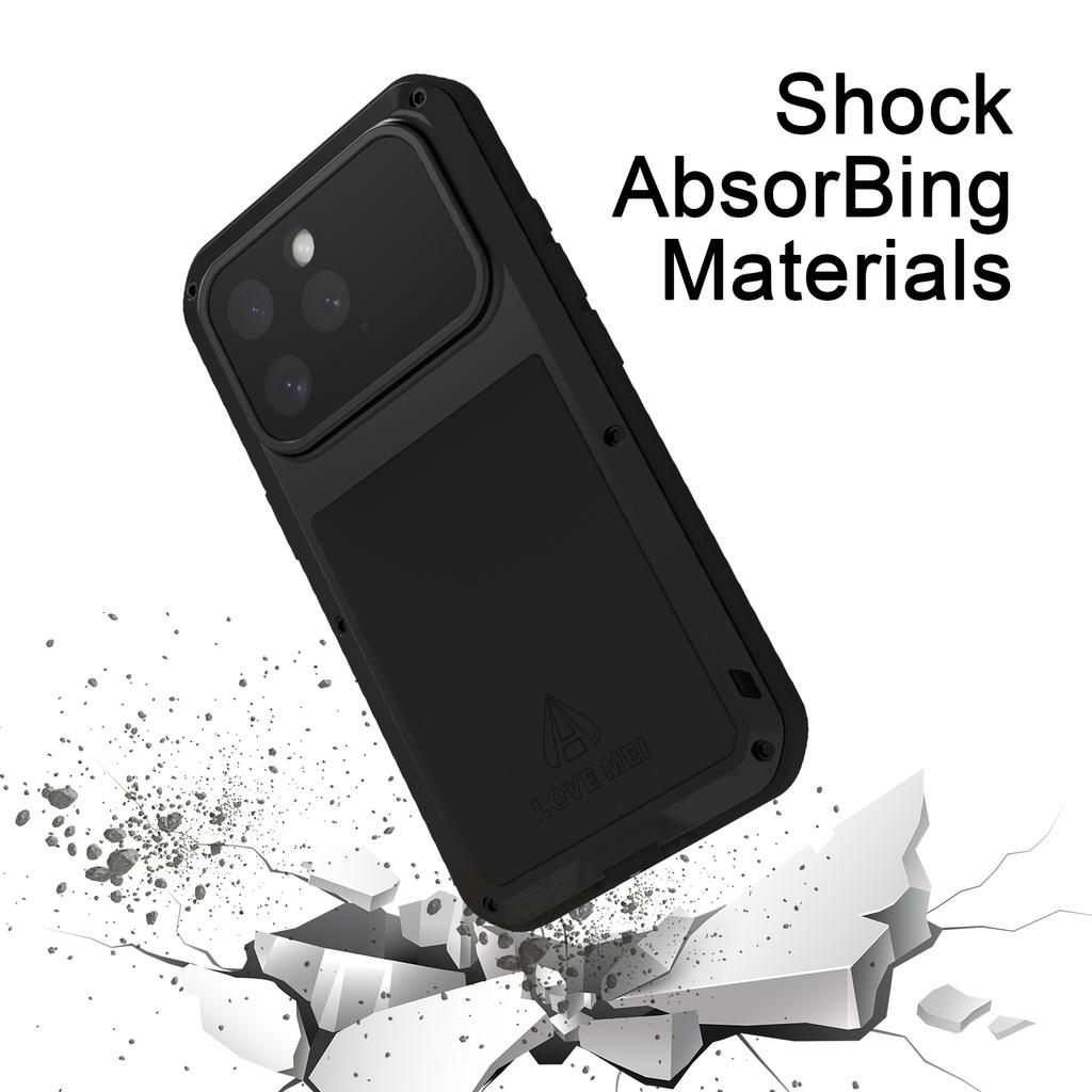LOVE MEI For iPhone 16 Pro Max Case Tempered Glass Screen Protector Metal+Silicone Phone Cover