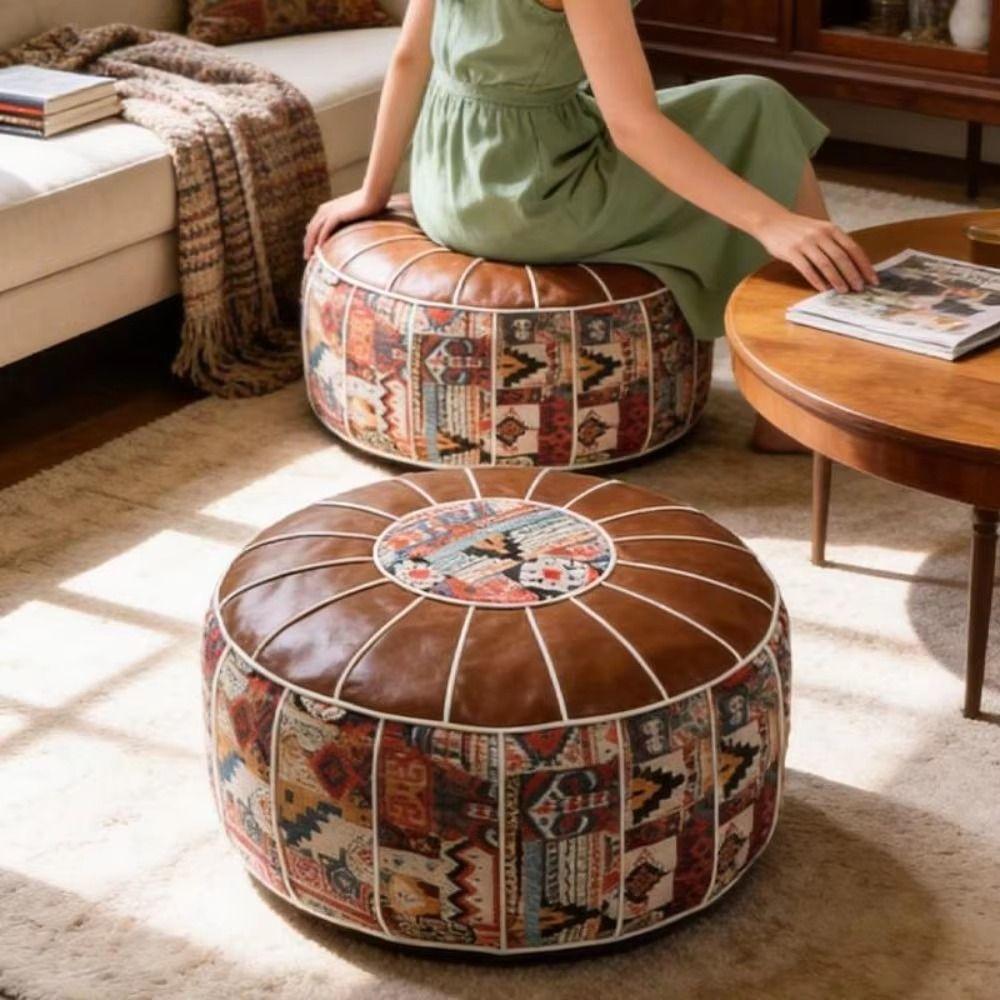 Embroider Craft Boho Seat Cushion Cover Leather Storage Bag Pumpkin Pouf Cover  Home Use