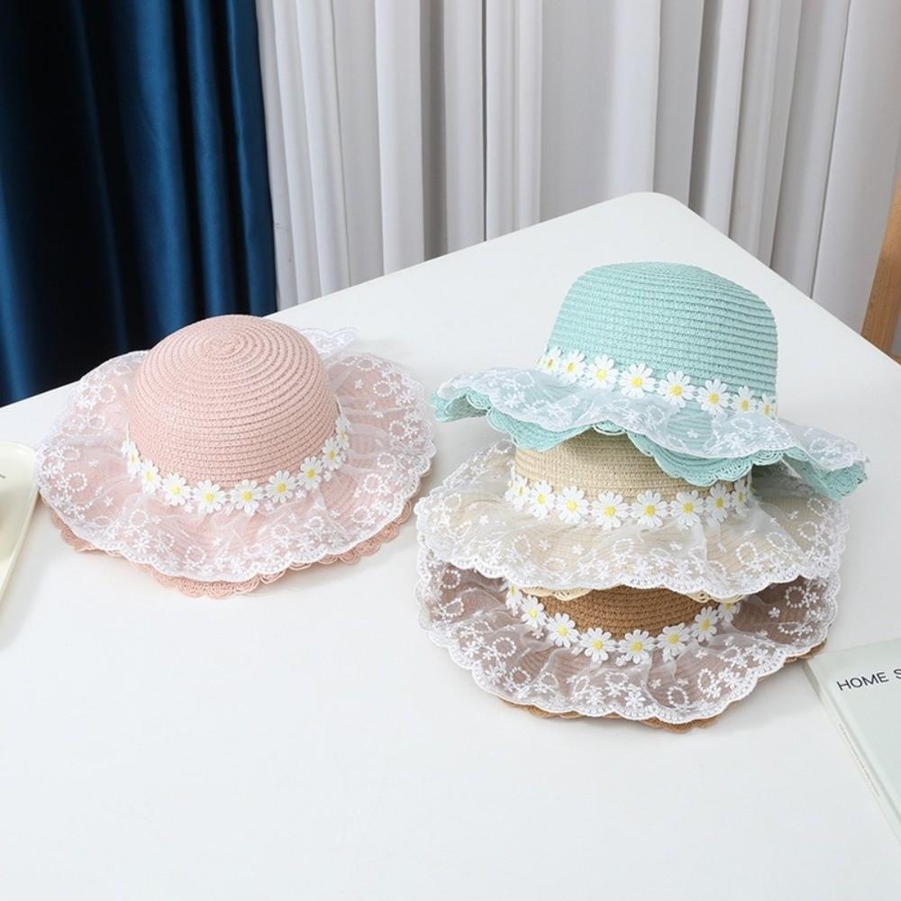 Wide Brim Straw Bag Cap Set Lace Sun Hat Sweet Fisherman Hat for 2-8 Years Kids